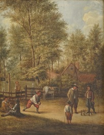 A pair of folk scenes near a tavern, oil on panel, early 19th C.