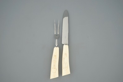 12 knives, a meat fork and knife with ivory handles, ca.1930, Congo, in box