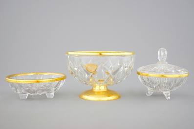 3 Val-Saint-Lambert bowls, a pair of marble urns and 3 bronze and wood figures, 19/20th C.