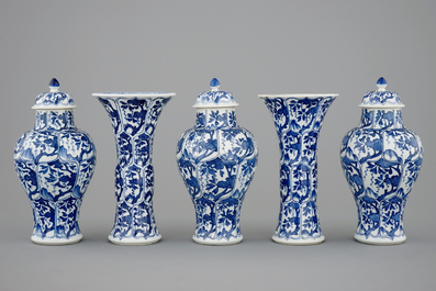 A Chinese blue and white five piece garniture, Kangxi