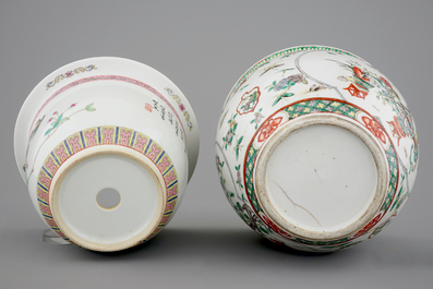 Two Chinese porcelain flower pots and a wucai bowl, 19/20th C.