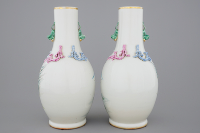 An unusual pair of Chinese famille rose landscape vases, early 20th C.