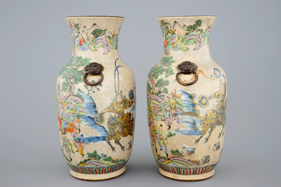 A fine pair of Chinese famille verte crackle glaze vases, Nanking, 19th C.