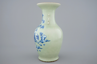 A fine Chinese blue and white on celadon ground porcelain vase, 19th C.