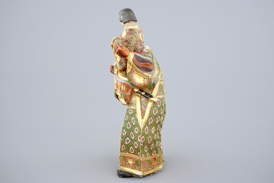 A Japanese enameled brass Ando Jubei box with cover and a large Satsuma figure, 19th C.