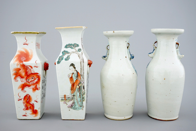 Quatre vases en porcelaine de Chine bleu et blanc et qianjiang cai, 19/20&egrave;me