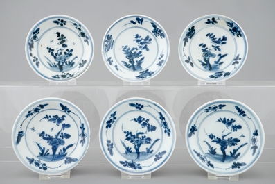 A set of six Chinese saucers with European wheel engraved decoration, Kangxi