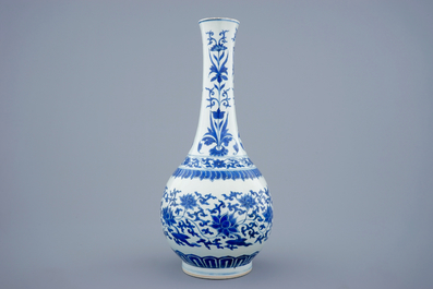 A blue and white Chinese lotus scroll bottle vase, Transitional period, 1620-1683