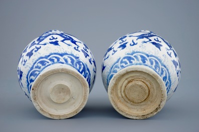 A pair of blue and white dragon vases with Wanli mark, 19th C.