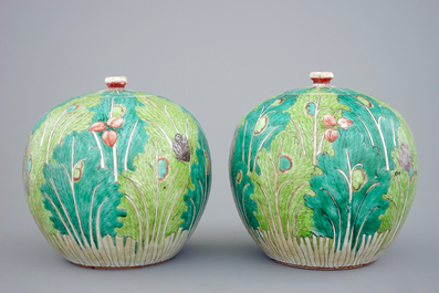 A pair of Chinese &quot;cabbage and insects&quot; ginger jars and covers, 19th C.