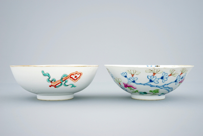 Two Chinese bowls with floral designs and a millefleur plate, 19th C.