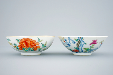 Two Chinese bowls with floral designs and a millefleur plate, 19th C.