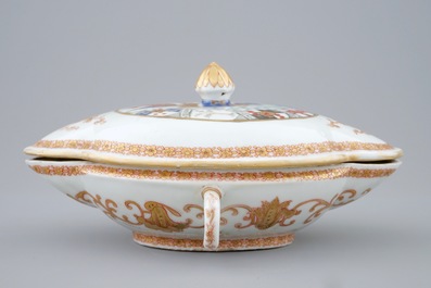 Een Chinese sauskom met deksel met het wapen van Van Reverhorst, Qianlong, ca. 1745