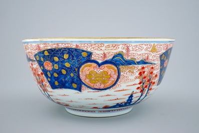 A large Chinese export porcelain Imari style punchbowl, Kangxi