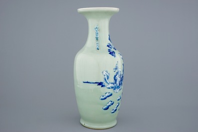 A fine Chinese blue and white on celadon ground vase, 19th C.