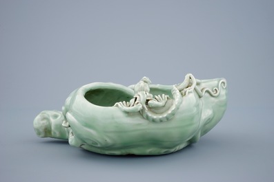 A Chinese monochrome celadon glazed brushwasher formed as a lingzhi fungus, 19th C.