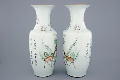 A pair of Chinese famille rose vases depicting Lan Tsai Ho, 19/20th C.