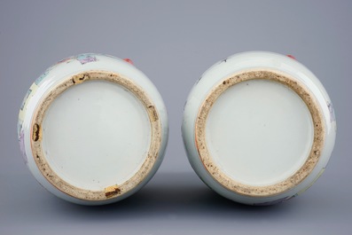 A pair of Chinese qianjiang cai vases with ladies and children, 19/20th C.