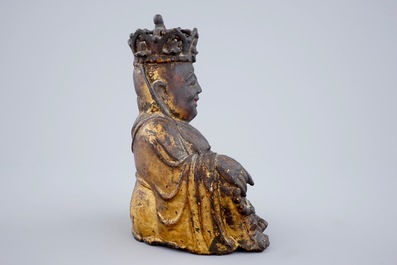 A Chinese gilt and lacquered bronze figure of crowned laughing Buddha, Ming Dynasty