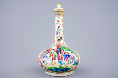 A Chinese bottle-shaped Canton famille rose vase and cover, 19th C.