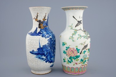 Two Chinese famille rose and blue and white vases, 19th C.