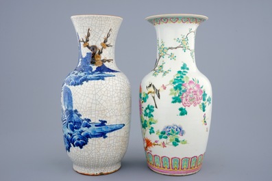 Two Chinese famille rose and blue and white vases, 19th C.