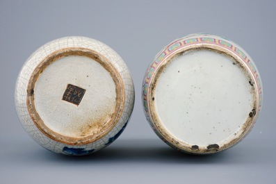 Two Chinese famille rose and blue and white vases, 19th C.