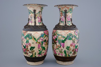 A pair of Chinese famille rose Nanking crackle glaze vases, 19th C.