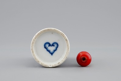 A Chinese blue, white and underglaze red snuff bottle, 18th C.