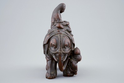 A Chinese bronze group of Guanyin on an elephant, Qing