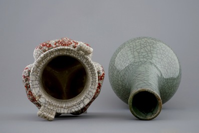 A Chinese crackle glazed tripod censer and a vase, 19th C.