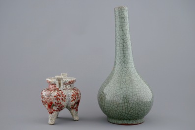 A Chinese crackle glazed tripod censer and a vase, 19th C.