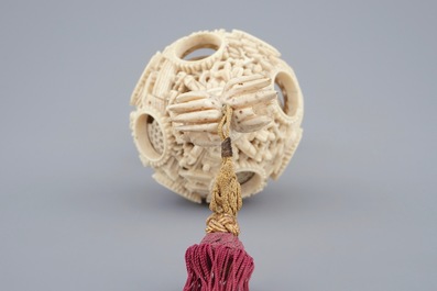 A hanging Chinese ivory puzzle ball, Canton, 19th C.