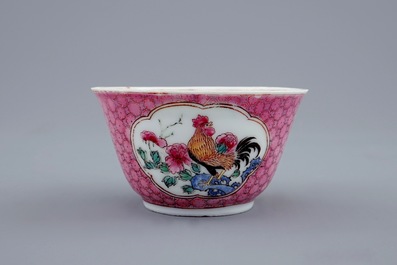 A Chinese famille rose eggshell cup and saucer with a rooster, Yongzheng, 1723-1735