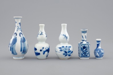 A set of five Chinese blue and white miniature vases, Kangxi