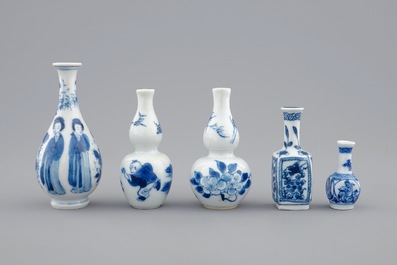 A set of five Chinese blue and white miniature vases, Kangxi