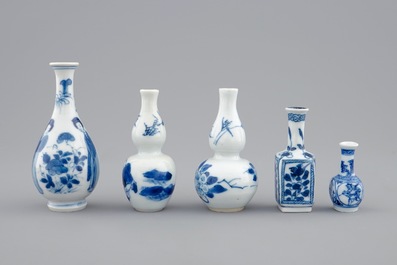 A set of five Chinese blue and white miniature vases, Kangxi