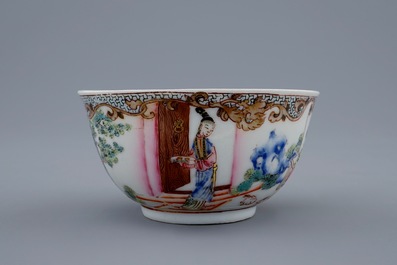 A Chinese famille rose eggshell cup and saucer with ladies playing go, Yongzheng, 1723-1735