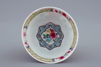 A Chinese famille rose eggshell cup and saucer with a rooster, Yongzheng, 1723-1735