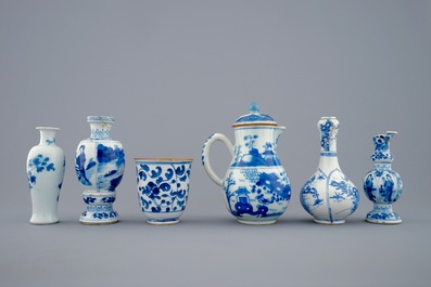 A set of 6 various blue and white Chinese vases and vessels, Kangxi