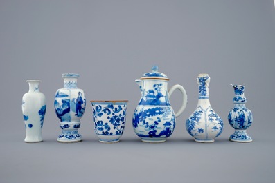 A set of 6 various blue and white Chinese vases and vessels, Kangxi