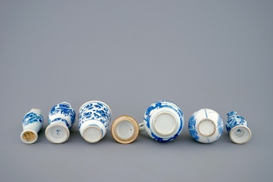 A set of 6 various blue and white Chinese vases and vessels, Kangxi