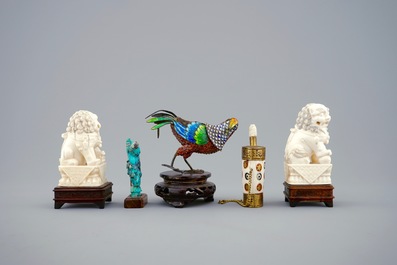 A collection of Chinese ivory, bone, gilt silver and turquoise objects, 19/20th C.