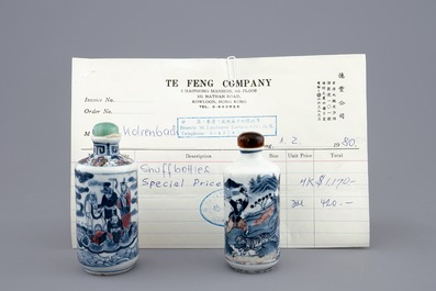 Two Chinese blue, white and underglaze red snuff bottles, 19/20th C.