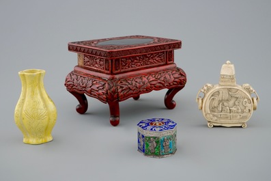 A set of Chinese Canton enamel, a lacquer stand, a silver box and cover, an ivory snuff bottle and a miniature vase, 19/20th C.