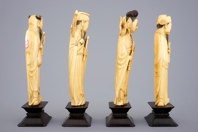 A set of 8 fine Chinese carved ivory immortals on wooden bases, 19th C.