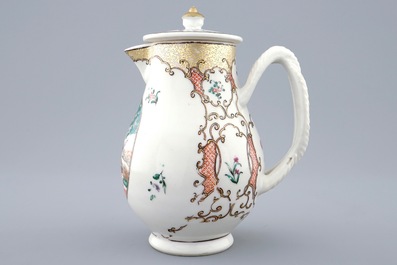 A Chinese famille rose European subject milk jug and cover, Qianlong 18th C.
