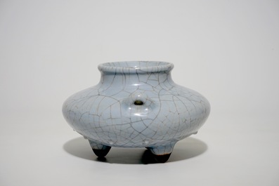 A Chinese crackle glazed tripod censer of fish basket form, Qianlong sealmark and poss. of the period