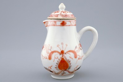 A Chinese iron red and grisaille milk jug and cover, Qianlong, 18th C.