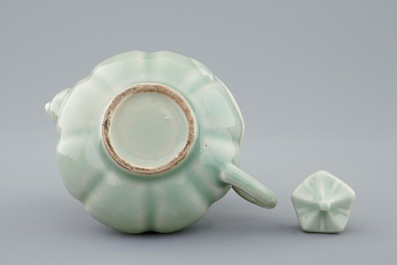 A Chinese celadon-glazed pumpkin shaped teapot and cover, 19/20th C.